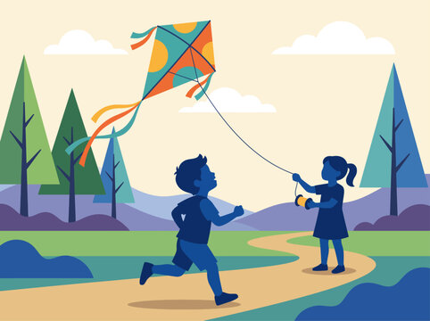 A cheerful illustration depicting two children joyfully flying kites in a colorful landscape with trees and hills, capturing the essence of childhood adventures and outdoor fun.