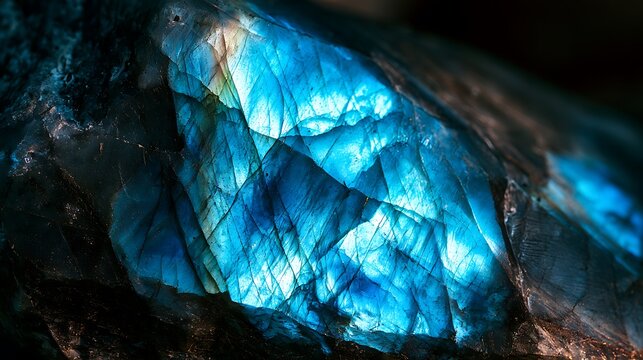 Macro close up of a glowing blue labradorite mineral stone.