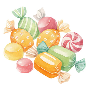 Cute watercolor illustration of a pile of colorful candies and sweets isolated