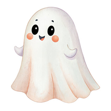 Cute watercolor illustration of a friendly little smiling ghost character isolated