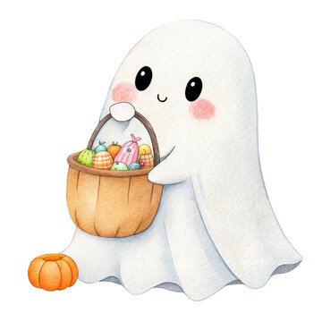 Cute watercolor illustration of a friendly little ghost character holding a basket with treats isolated
