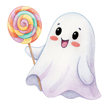 Cute watercolor illustration of a friendly little ghost character holding a big colorful lollipop isolated