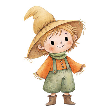 Cute watercolor illustration of a friendly little scarecrow boy character wearing a straw hat isolated