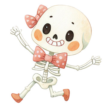 Cute watercolor illustration of a friendly little skeleton girl character with pink bows running isolated