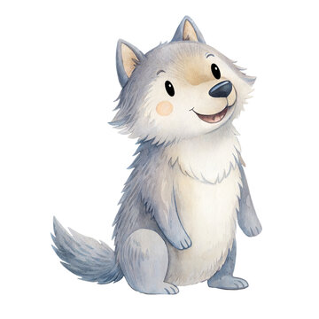 Cute watercolor illustration of a friendly little grey wolf cub character sitting and smiling isolated