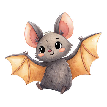 Cute watercolor illustration of a friendly little bat character spreading wings isolated