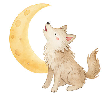 Cute watercolor illustration of a friendly little wolf howling at the moon isolated