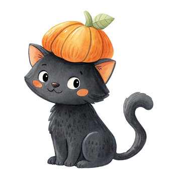 Cute watercolor illustration of a friendly little black cat wearing a pumpkin hat isolated