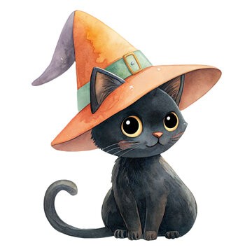 Cute watercolor illustration of a friendly little black cat wearing a large witch hat isolated
