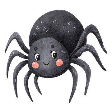 Cute watercolor illustration of a friendly little black spider character smiling isolated