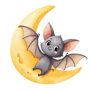 Cute watercolor illustration of a friendly little bat sitting on a crescent moon isolated