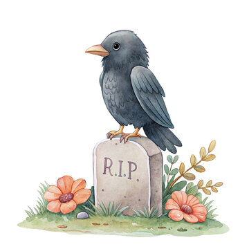 Cute watercolor illustration of a friendly little black crow sitting on a RIP tombstone isolated