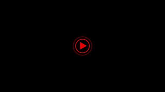 Minimalist red play button pulsing on a solid black background, for digital media, interface streaming services, user experience ui, and interactive multimedia presentations