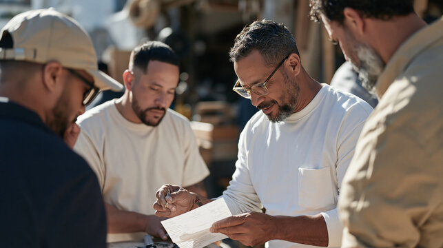 An engraver and diverse workshop colleagues repurposing the back of a restaurant bill as scrap paper for noting measurements, quiet moment before restarting work in harsh midday