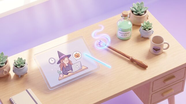 Cute 3D Magic Witch Working on a Laptop at a Desk Illustration