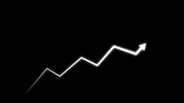 Dynamic glowing white financial growth chart arrow rising upward on a clean black background, representing business success, market trends, economic recovery, and positive statistical performance