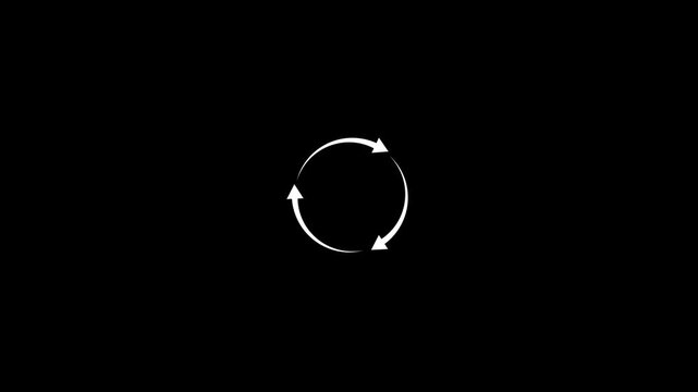 Minimalist white circular loading spinner animation with rotating arrows on a solid black background, for seamless ui, ux integration and, digital progress indicators, in modern software applications