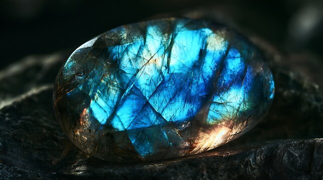 Beautiful polished labradorite gemstone with intense blue iridescence.