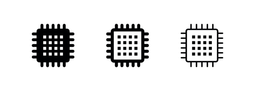 Microchip or CPU icon set in three styles: solid, bold outline, and thin outline.