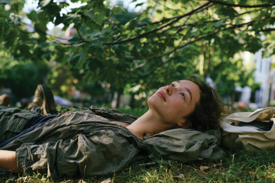 A serene young woman lies on the grass, gazing thoughtfully at the sky, surrounded by lush greenery, embodying tranquility and reflection in this peaceful outdoor scene.