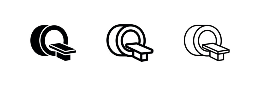 MRI (Magnetic Resonance Imaging) scanner icon set in three styles: solid, bold outline, and thin outline.