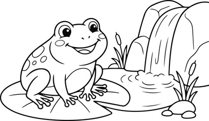 Obraz premium Cute cartoon frog sitting on a lily pad by a waterfall, coloring page for kids