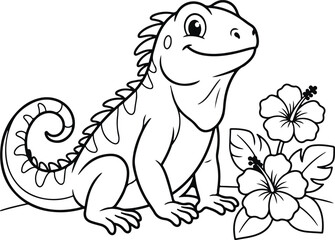 Naklejka premium Cute cartoon iguana lizard sitting next to tropical hibiscus flowers, simple line art illustration for kids coloring book