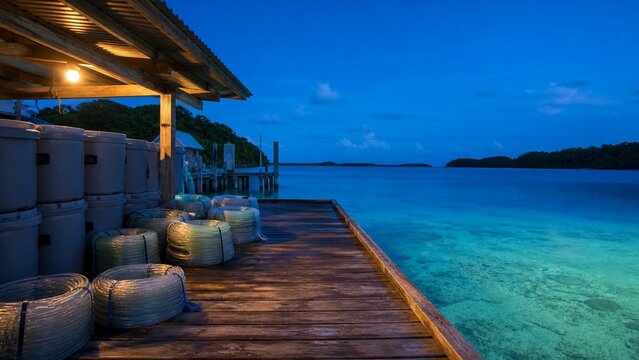 Serene tropical beach scene at dawn, calm clear turquoise ocean water, rustic wooden pier extending into the bay, perfect for vacation vibes and relaxation, peaceful natural setting