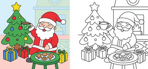 Fototapeta premium Cute Santa Claus with Christmas Tree and Cookies Coloring Page and Colored Vector Illustration for Kids Activity Book