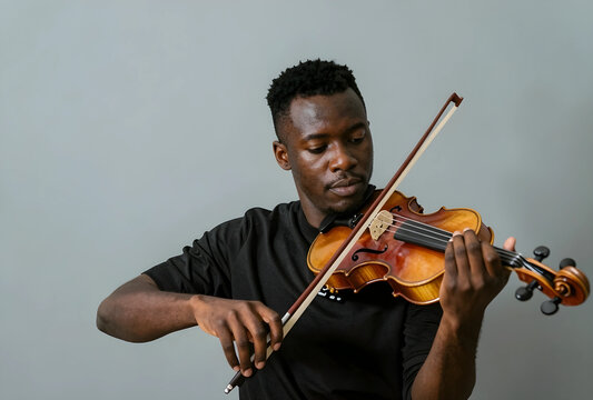 Music education and artistic expression, young man playing violin with focus and passion in studio setting for creative performance and cultural arts