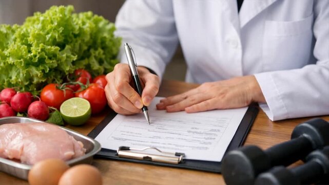 Professional nutritionist creating healthy meal plan with fresh vegetables on workplace table