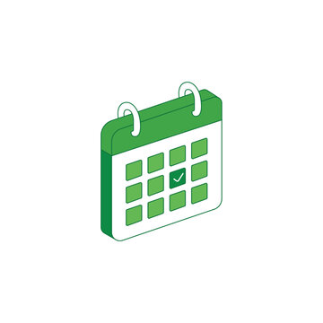 Green isometric calendar icon with checkmark