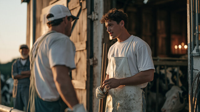 A dairy farmer patiently teaches a newcomer the underwater hockey pool training schedule adaptation for off season fitness, a senior mentor observing silently from a candlelit