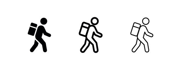 Person walking with backpack icon set in solid, bold outline, and thin outline styles for travel and delivery. © liubomir118809