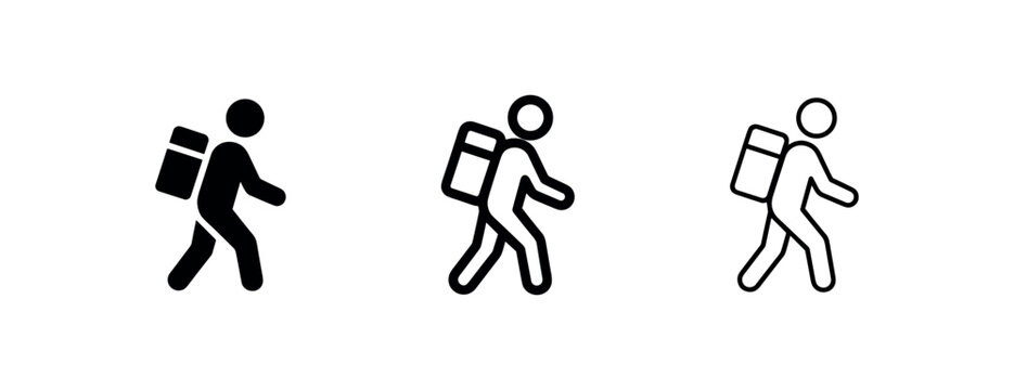 Person walking with backpack icon set in solid, bold outline, and thin outline styles for travel and delivery.
