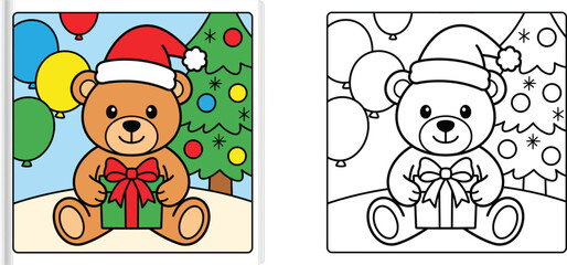Fototapeta premium Cute Christmas Teddy Bear with Gift Box and Tree Coloring Page for Kids with Colored Sample Reference Outline Vector Illustration