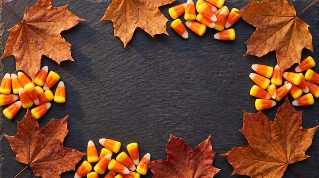 Autumn flat lay with colorful candy corn and dry leaves
