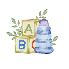 Hand-painted watercolor illustration featuring classic wooden alphabet blocks with letters A, B, and C, paired with a blue and purple stacking ring tower toy. Decorated with elegant green leaves © Rizka