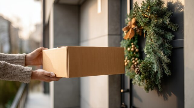 person holding plain cardboard parcel box near entrance decorated with christmas wreath