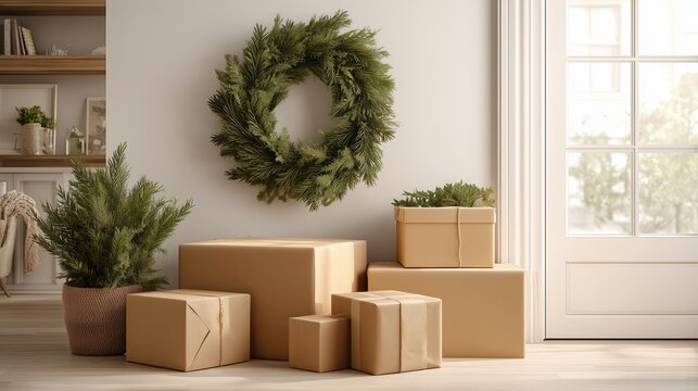 stack of cardboard delivery boxes in modern entryway decorated with green christmas wreath