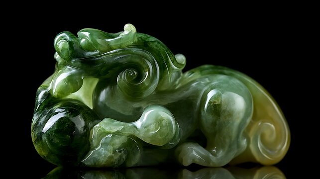Exquisite Green Jade Carving of a Mythical Chinese Pixiu Creature.