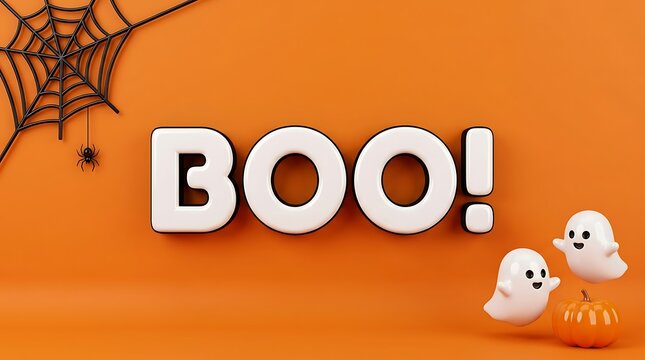 3 d rendered halloween background with white b o text black spider web and small cute ghosts on a solid orange surface for seasonal holiday celebration and festive party invitation
