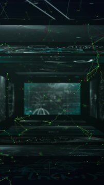 Animation of data processing over screens on dark background