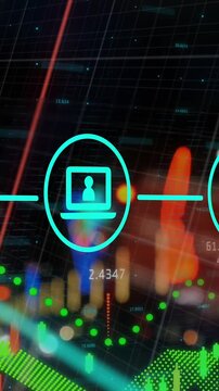 Animation of network of digital icons and financial data processing against night city traffic