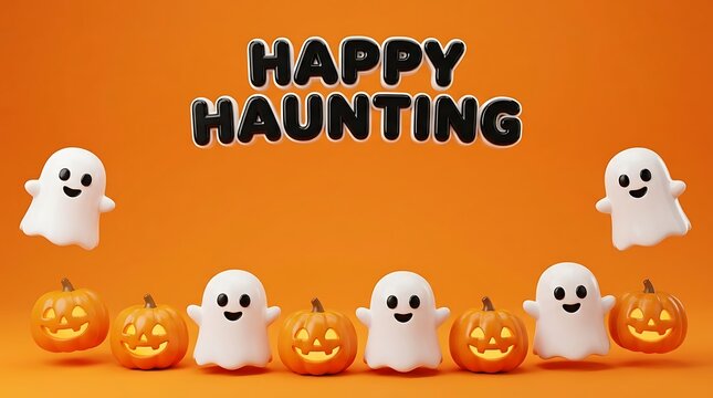 3 d rendered white ghosts and glowing orange jack o lanterns arranged on a solid orange background with black bubble text reading h a p y h a u n t i n g above the characters