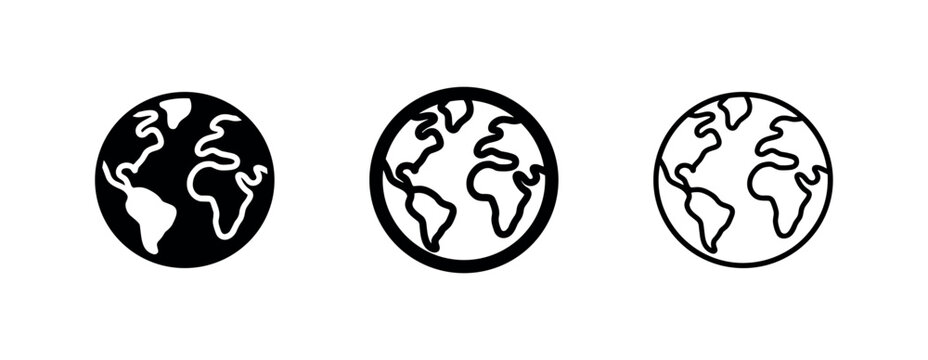 Globe icon showing Africa and Europe, in solid, bold outline, and outline styles for world map and global concepts