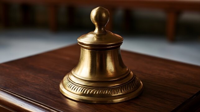 A polished brass bell rests on a dark wooden surface  showcasing traditional craftsmanship and warm metallic tones