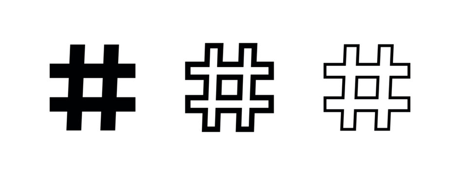 Hashtag icons set in solid, bold outline, and outline styles for social media and keyword tagging