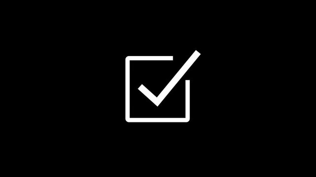 Minimalist white checkmark inside a square box animated on a solid black background, for user interface, digital task completion, success confirmation, and, web ui