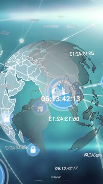 Animation of network of digital icons over spinning globe and blue light spot on black background